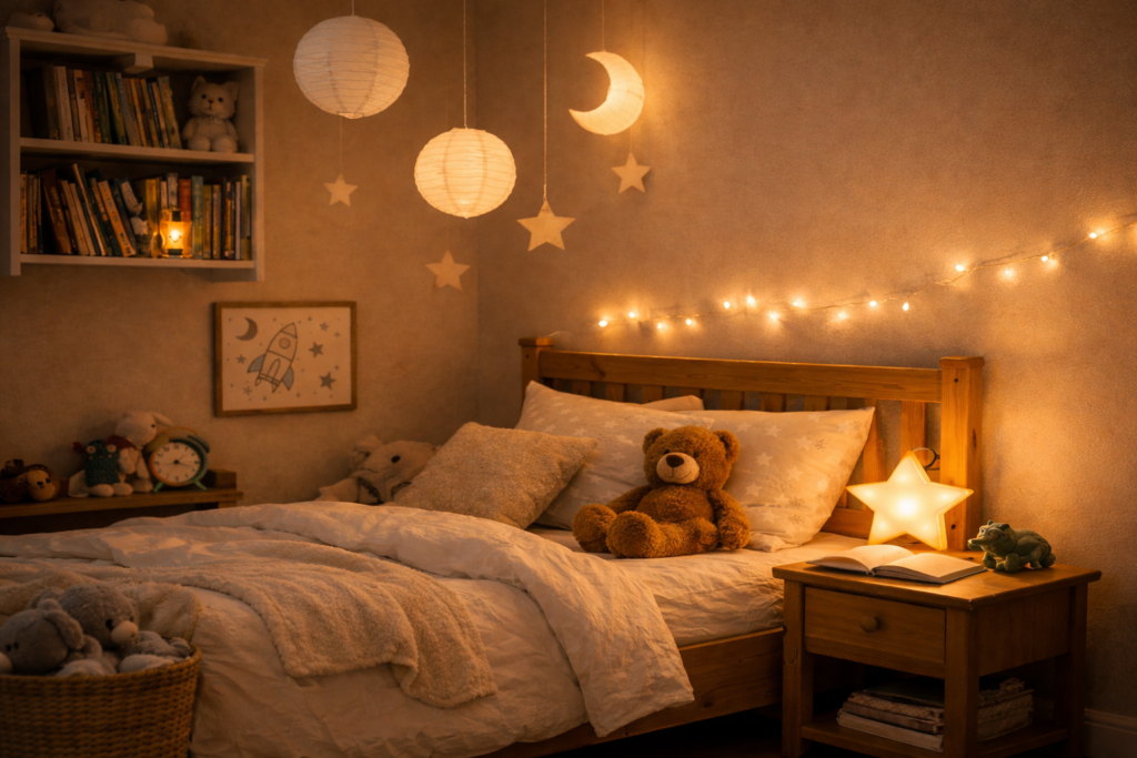 Cosy children’s bedroom with bed and soft lighting